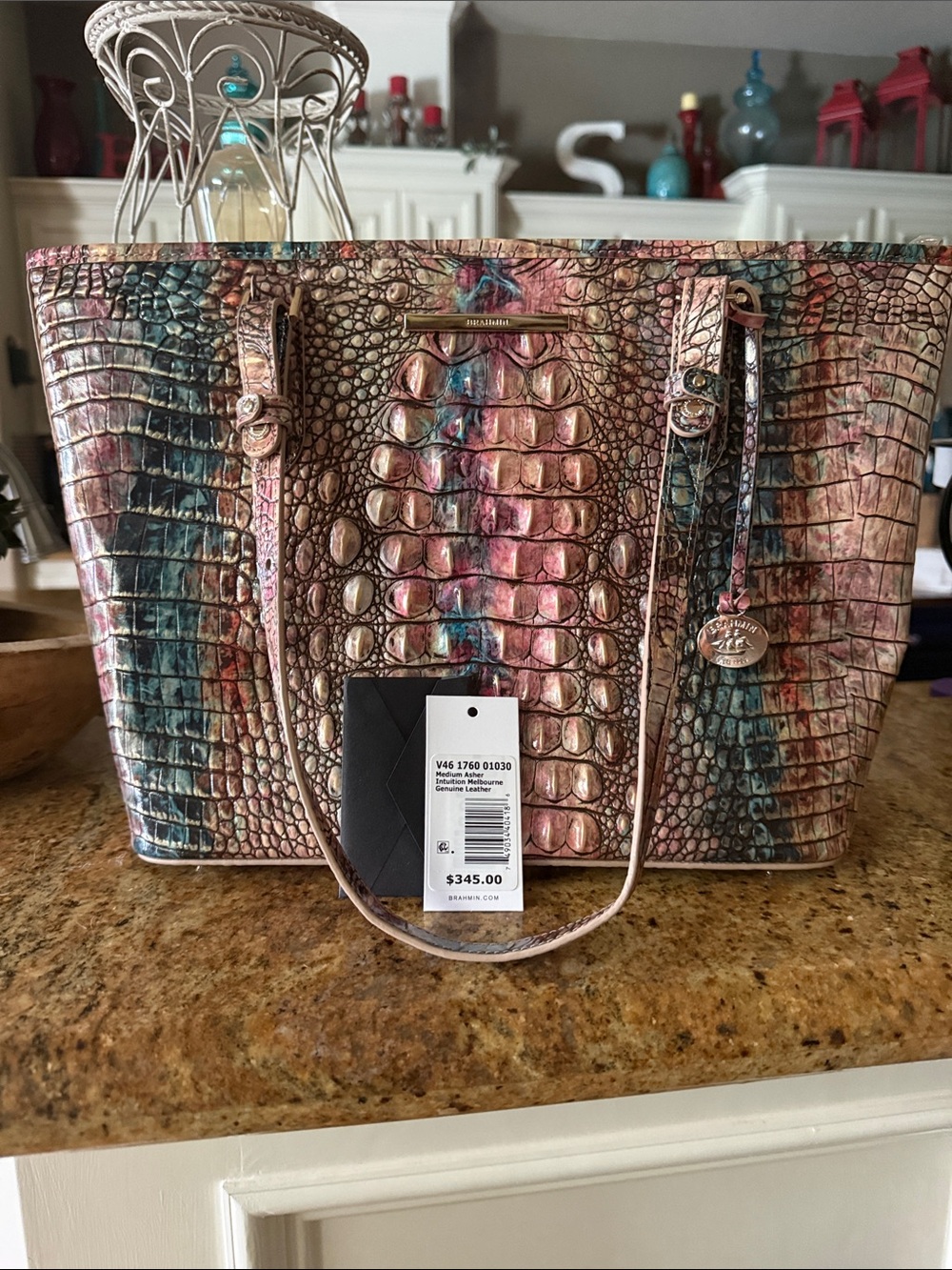 Brahmin Multicolor Croc-Embossed Leather Tote in Rose, Teal & Gold never used.